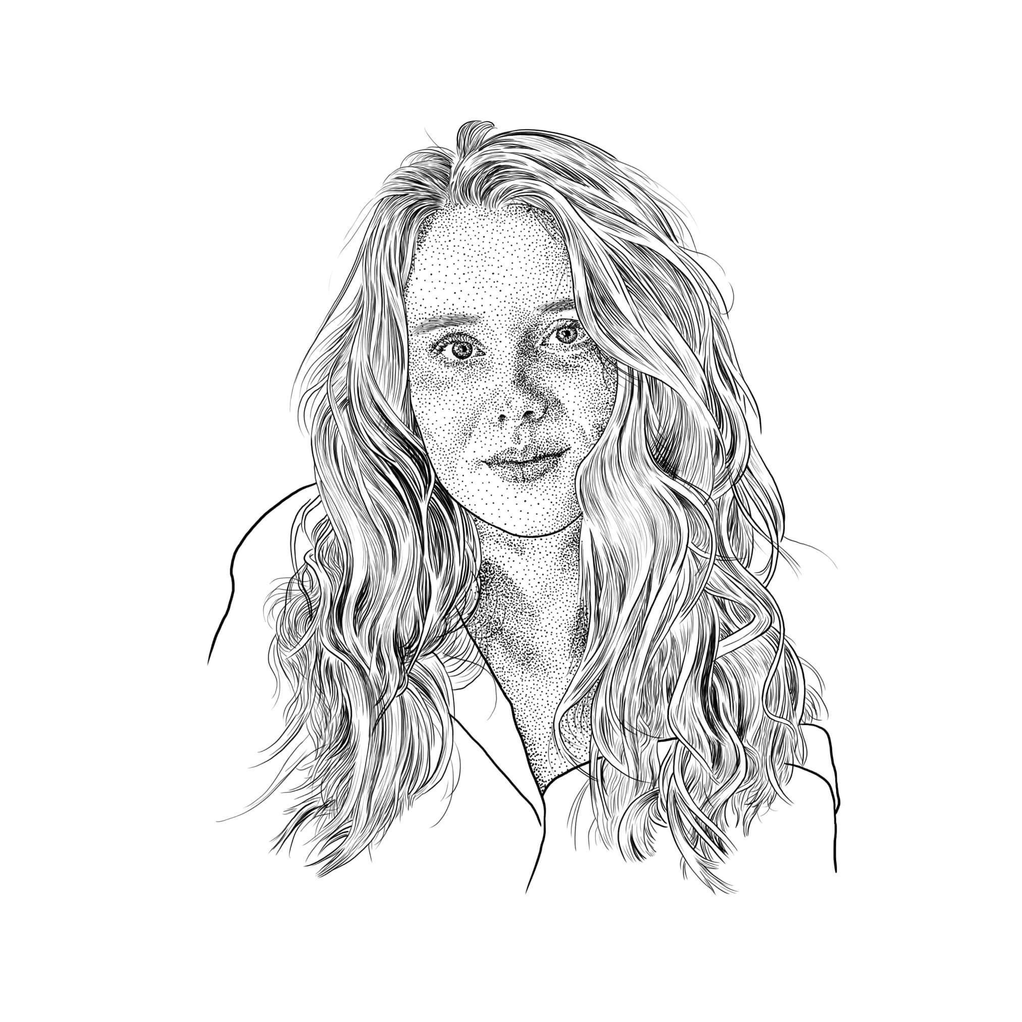 Line drawing of a woman with long wavy hair and a gentle expression.