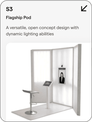 A display of the S3 Flagship Pod, a versatile open-concept design with dynamic lighting, featuring a standing table, a digital touch screen, and a wall-mounted screen showing a person's headshot.