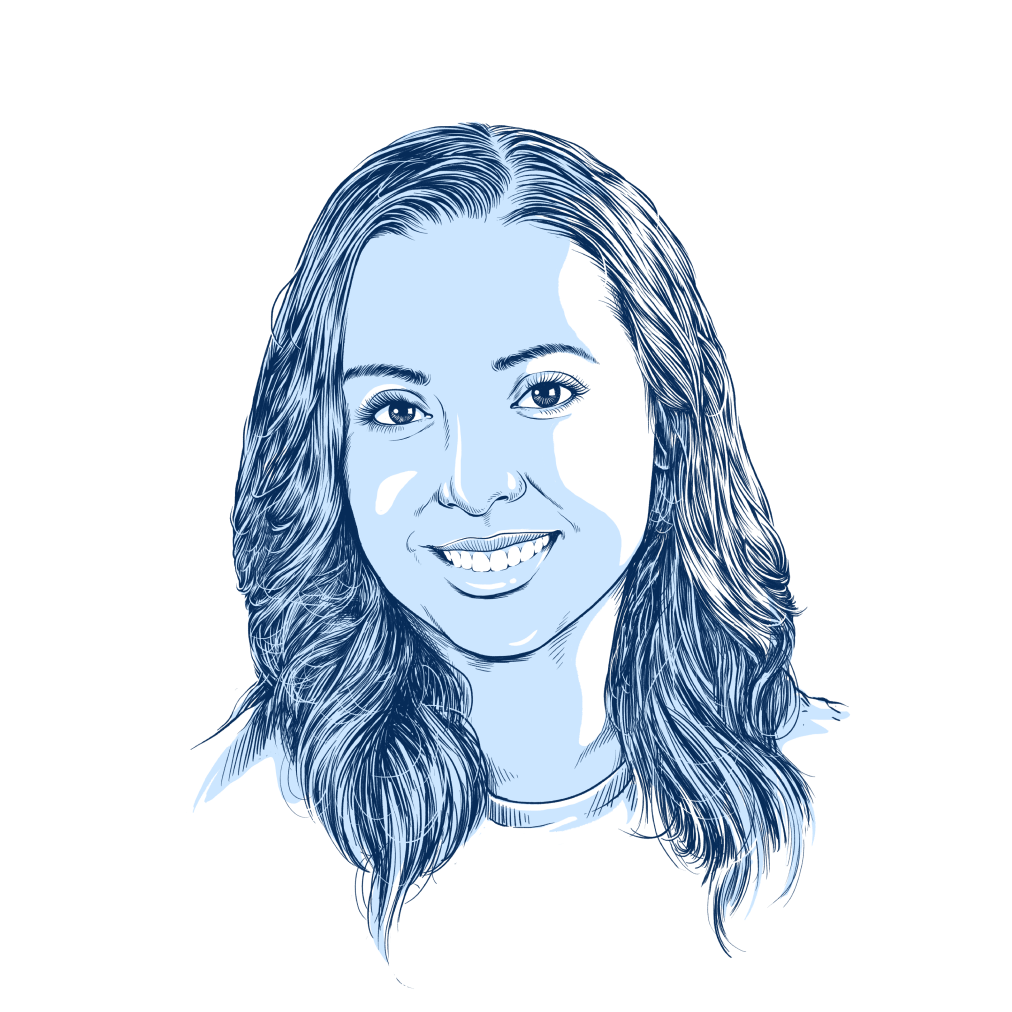 Digitally illustrated portrait of a smiling woman with long wavy hair, in shades of blue and white, within a circular frame.