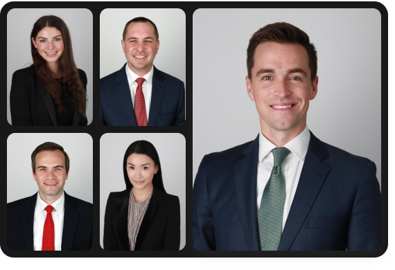 Collage of five professional headshots featuring two women and three men in business attire.