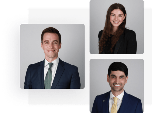 Three professional headshots of a man in a suit and tie, a woman with long brown hair in a blazer, and a man with dark hair in a suit and yellow tie, all smiling against gray backgrounds.