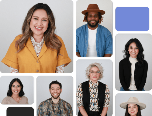 Collage of seven diverse smiling individuals, including women and men, in casual and professional attire, against plain backgrounds.