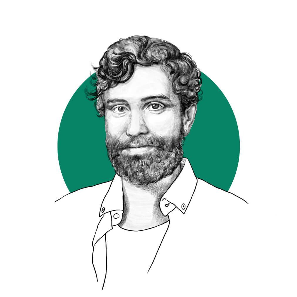 A digitally illustrated portrait of a man with wavy hair, a full beard, wearing a collared shirt, with a solid green circle in the background.