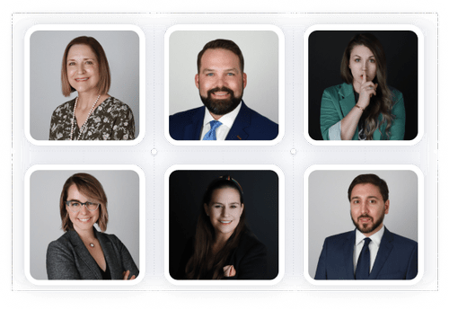 Six professional headshots of diverse individuals, three women and three men, arranged in a grid with a blue background.