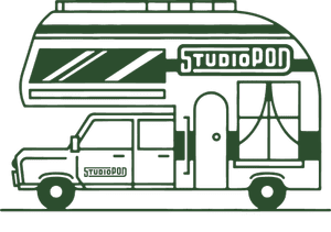 Line drawing of a camper van with the logo 'STUDI PRINT' and a window with curtains