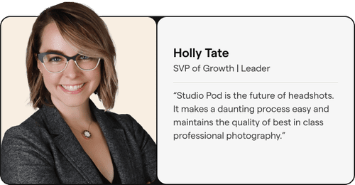Professional headshot of Holly Tate, SVP of Growth and Leader, smiling, with glasses and a blazer, next to a quote about Studio Pod’s benefits.