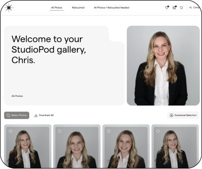 Screenshot of a digital photo gallery titled 'Welcome to your StudioPod gallery, Chris' featuring a smiling woman with long blonde hair wearing a black blazer and white shirt, with multiple similar photos below.